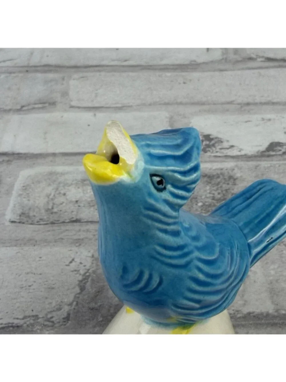 Vintage Ceramic Pie Bird Figurine Blue Yellow Chipped Beak